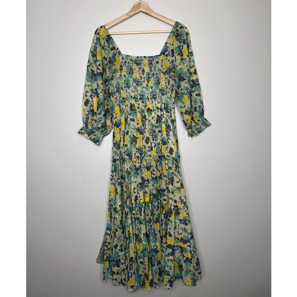 LoveShackFancy Blue Capri Floral Midi Dress Acai Berry Green Yellow Size XS - Picture 10 of 11